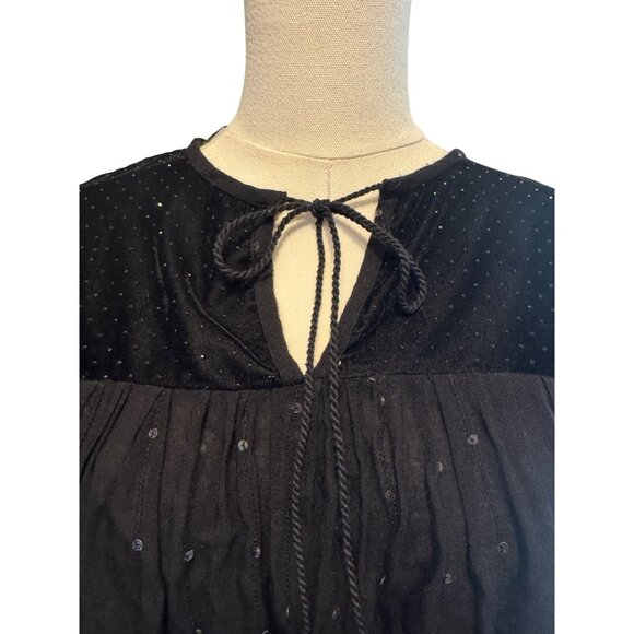 ZARA Medium Black Velvet & Sequins Long Sleeve Top Delicate Tie Neckline - Picture 3 of 11